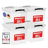 ATHLON TOOLS 4x 20 L Aufbewahrungsboxen mit Deckel, lebensmittelecht - Verschlussclips - 100% Neumaterial Plastik-Box transparent - Kleiderboxen stapelbar…