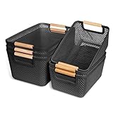 OSTWOLKE 6 Stück Aufbewahrungsbox Kunststoff Schwarz, Aufbewahrungsboxen ohne Deckel, Atmungsaktiv Aufbewahrungskorb mit Griffen aus Massivholz, Boxen Aufbewahrung Plastikbox für Badezimmer Küche