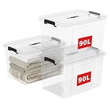 Cetomo 90L*3 Aufbewahrungsboxen, Tragbare Plastikboxen mit Deckeln, Organizer-Behälter mit Griff und Clips, Stapelbar, Ineinander Nestbar, für Zuhause und Büro, Transparent, 90L-3er Pack