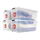 Iris Ohyama Aufbewahrungsbox mit Deckel, 80L, 4er-Set, Transparent, Schnappverschlüsse mit Griffen, Stapelbar, Stark & Langlebig, Für Kleidung, Garage, Zuhause, Büro, Plastikbox, Lagerung TB-84D