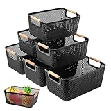 OSTWOLKE 6er-Set Aufbewahrungsbox (3x Groß 35x22,5x16,2cm + 3x Mittel 30x20,4x14,2cm) -Aufbewahrungskorb Küche ohne Deckel Kunststoff, Atmungsaktiv Boxen Aufbewahrung mit Holzgriffen für Badezimmer